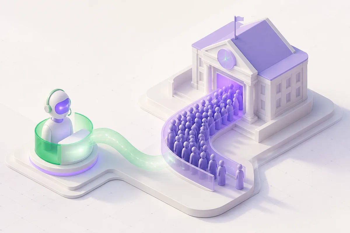 Isometric 3D editorial illustration for AI Voice Agents for College Admissions and Enrollment Calls