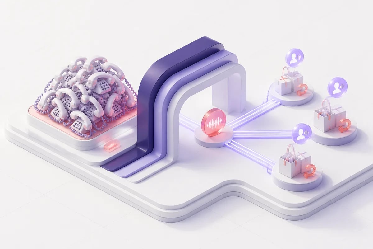 Isometric 3D editorial illustration for How AI Voice Agents Solve Ecommerce Order Support at Peak Season