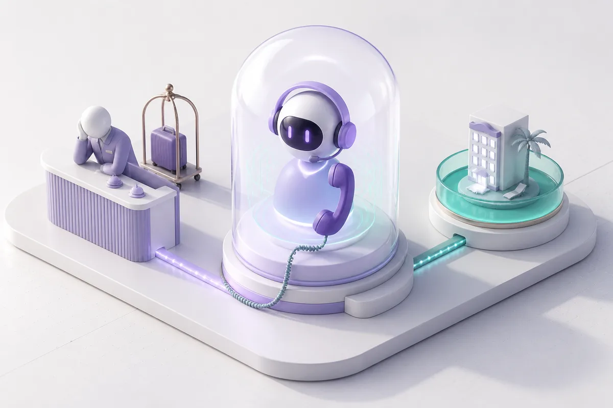 Isometric 3D editorial illustration for AI Voice Agents for Hotels: Fixing the Front Desk Phone Problem