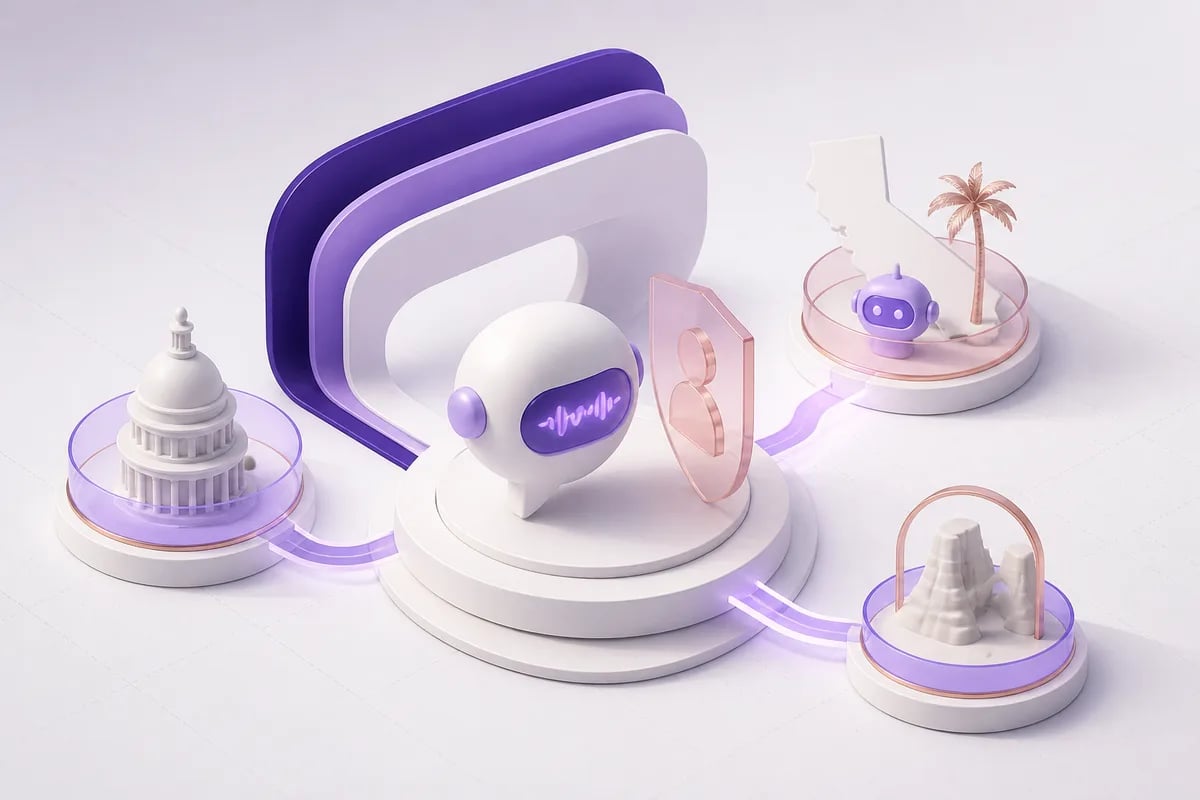 Isometric 3D editorial illustration for Are Voice Bots Legal? Disclosure Rules and Regulations