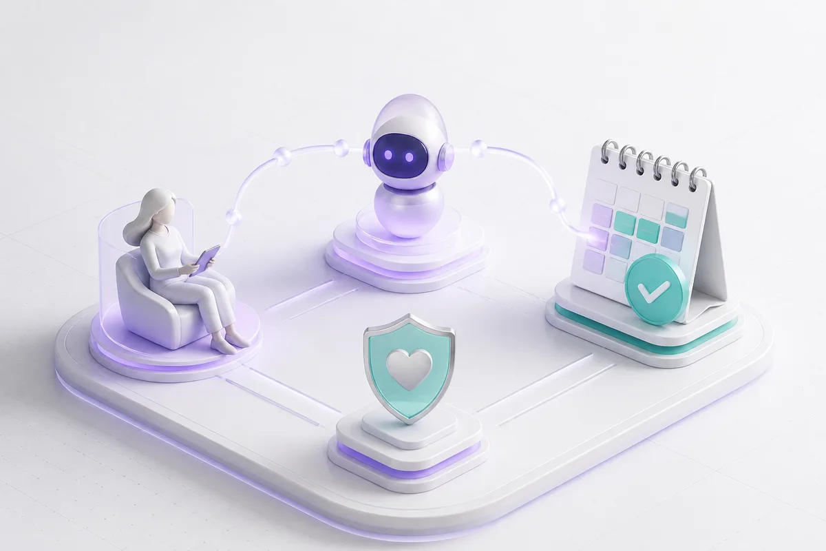 Isometric 3D editorial illustration for Build with us: Automate Patient Appointment Scheduling with Persistence AI