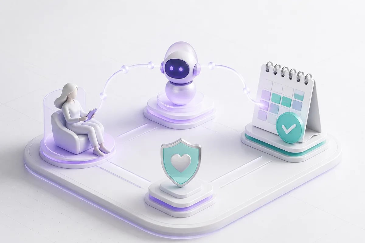 Isometric 3D editorial illustration for Build with us: Automate Patient Appointment Scheduling with Persistence AI