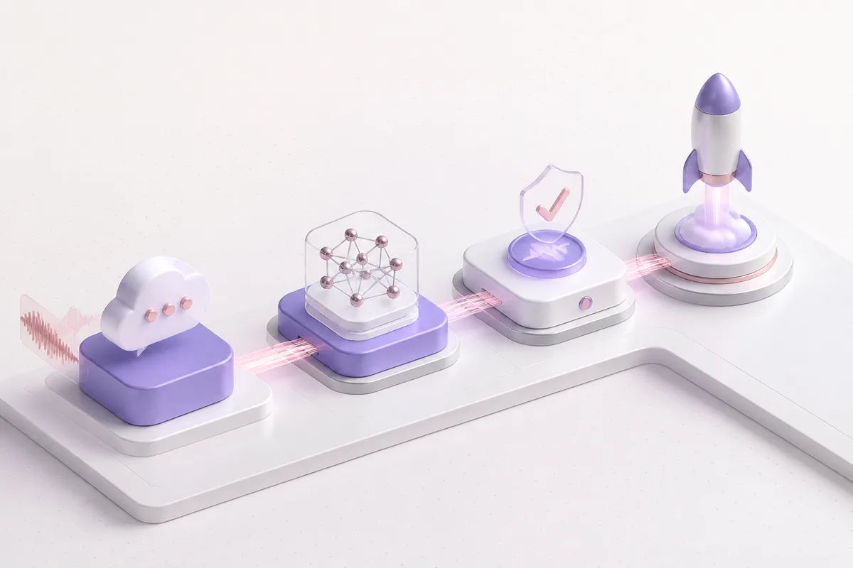 Isometric 3D editorial illustration for Build with us: Deploy Your First AI Voice Agent in 30 Minutes