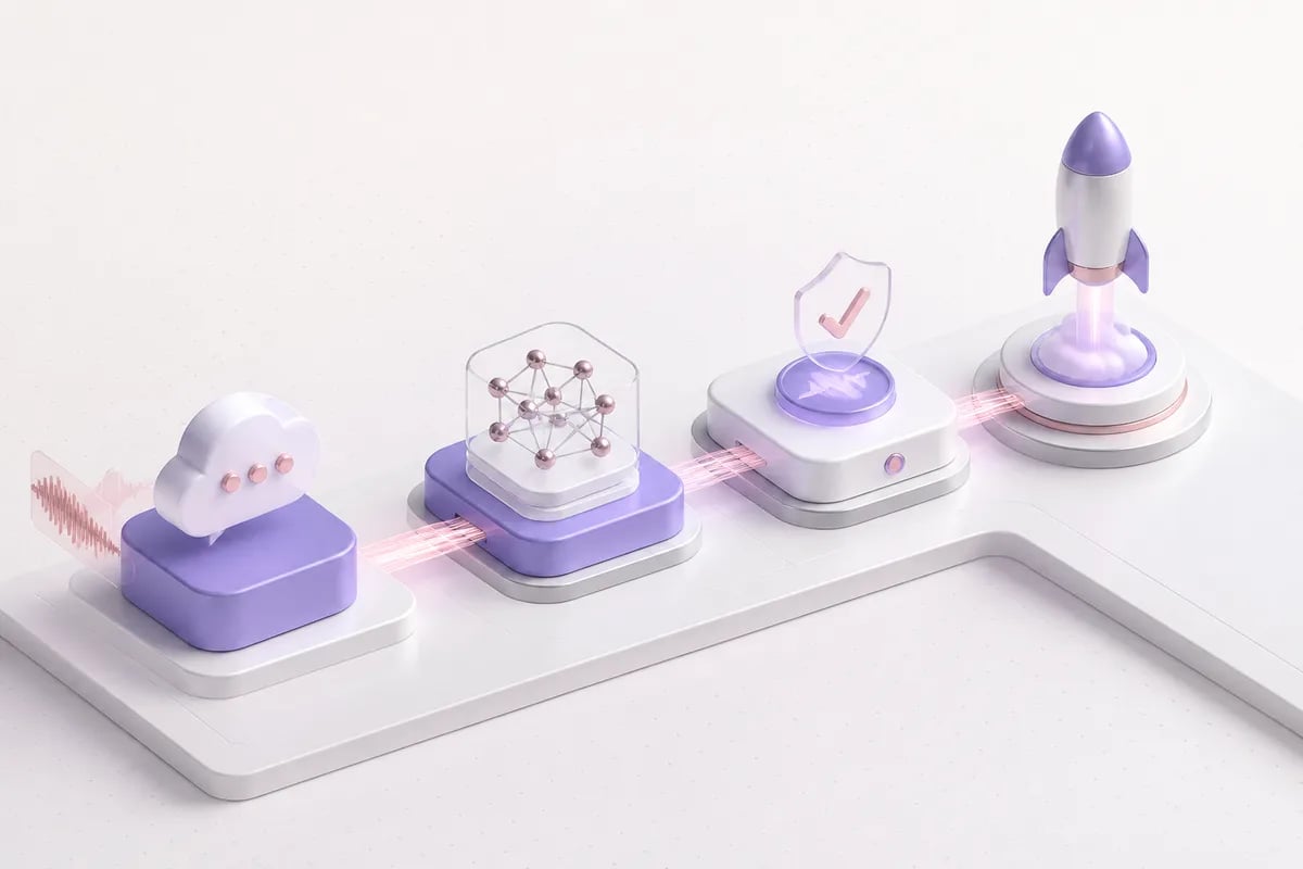 Isometric 3D editorial illustration for Build with us: Deploy Your First AI Voice Agent in 30 Minutes