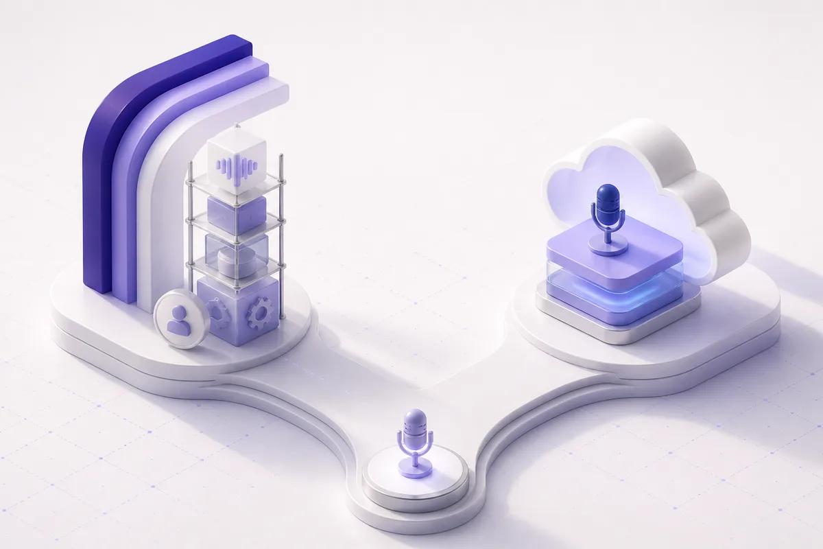 Isometric 3D editorial illustration for Build vs. Buy: Should You Build Your Own Voice Bot?