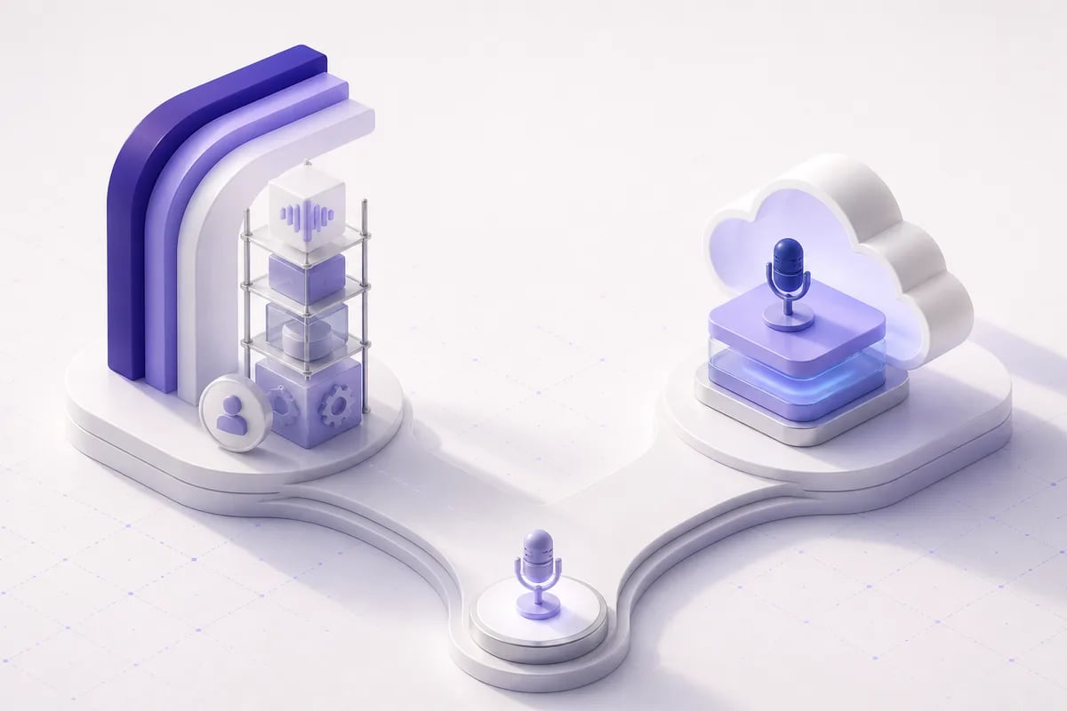 Isometric 3D editorial illustration for Build vs. Buy: Should You Build Your Own Voice Bot?