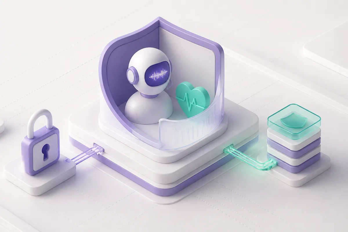 Isometric 3D editorial illustration for HIPAA-Compliant AI Voice Agents: Built for Healthcare from Day One
