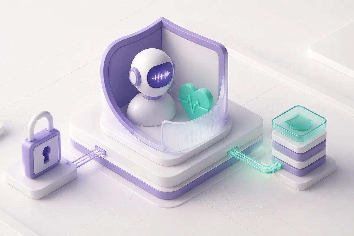 Isometric 3D editorial illustration for HIPAA-Compliant AI Voice Agents: Built for Healthcare from Day One