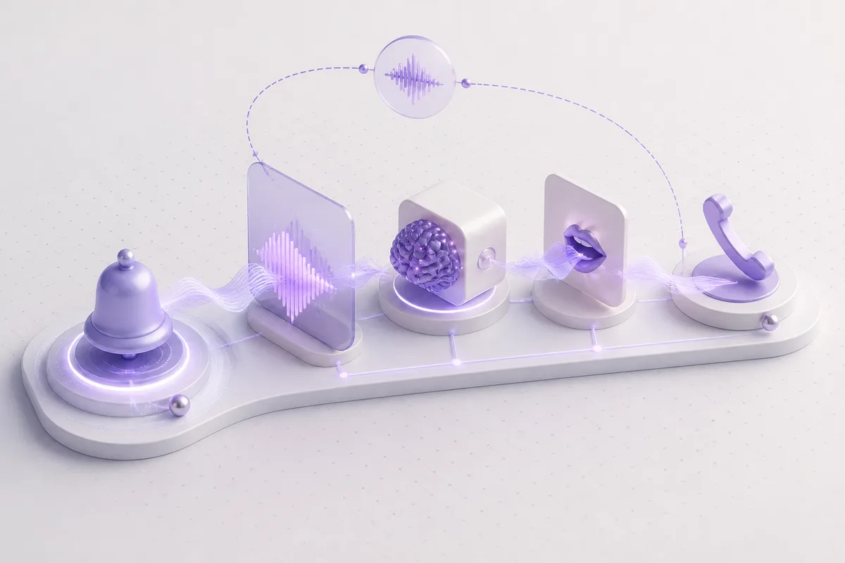 Isometric 3D editorial illustration for Inside an AI Call Bot: What Actually Happens During a Call