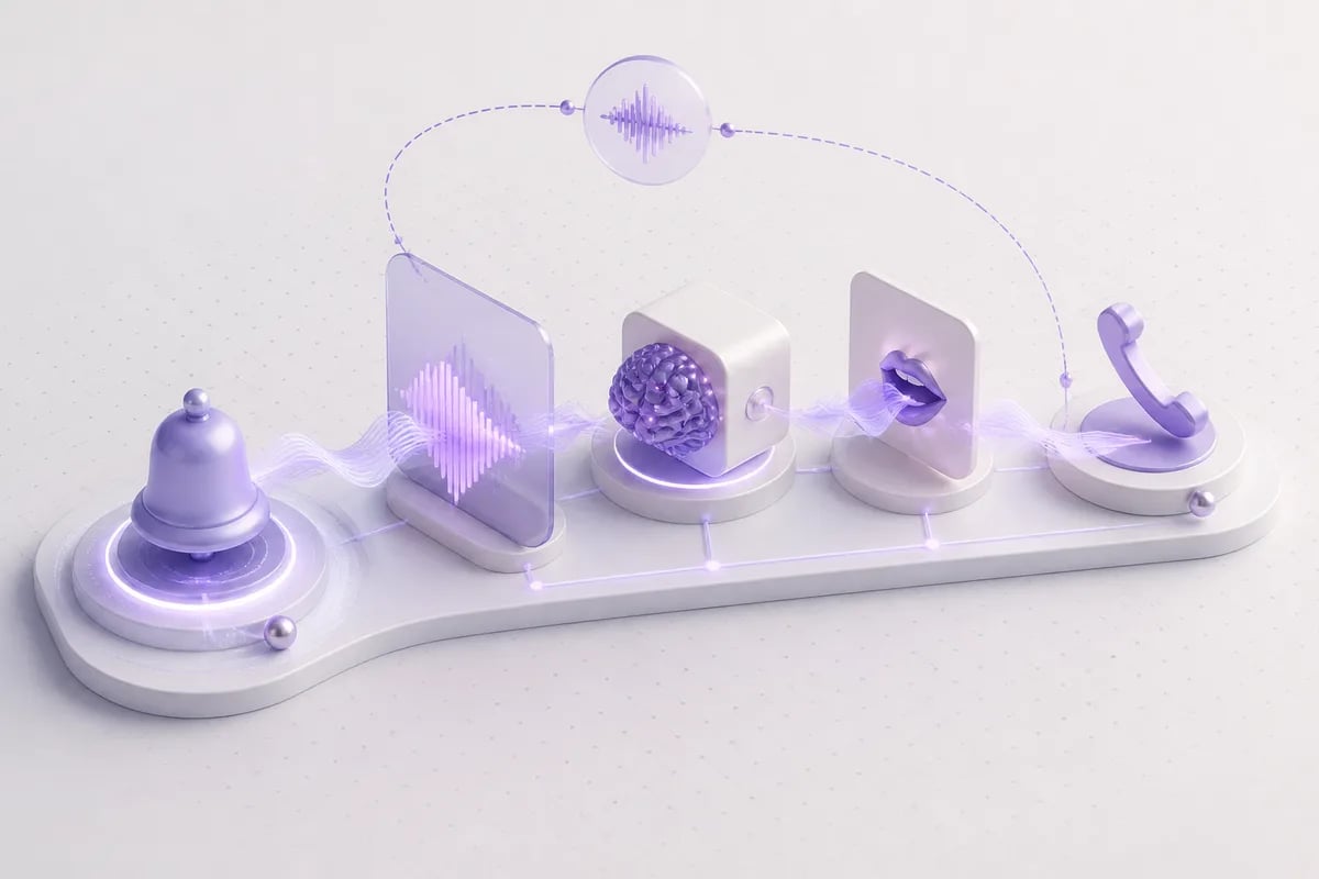 Isometric 3D editorial illustration for Inside an AI Call Bot: What Actually Happens During a Call