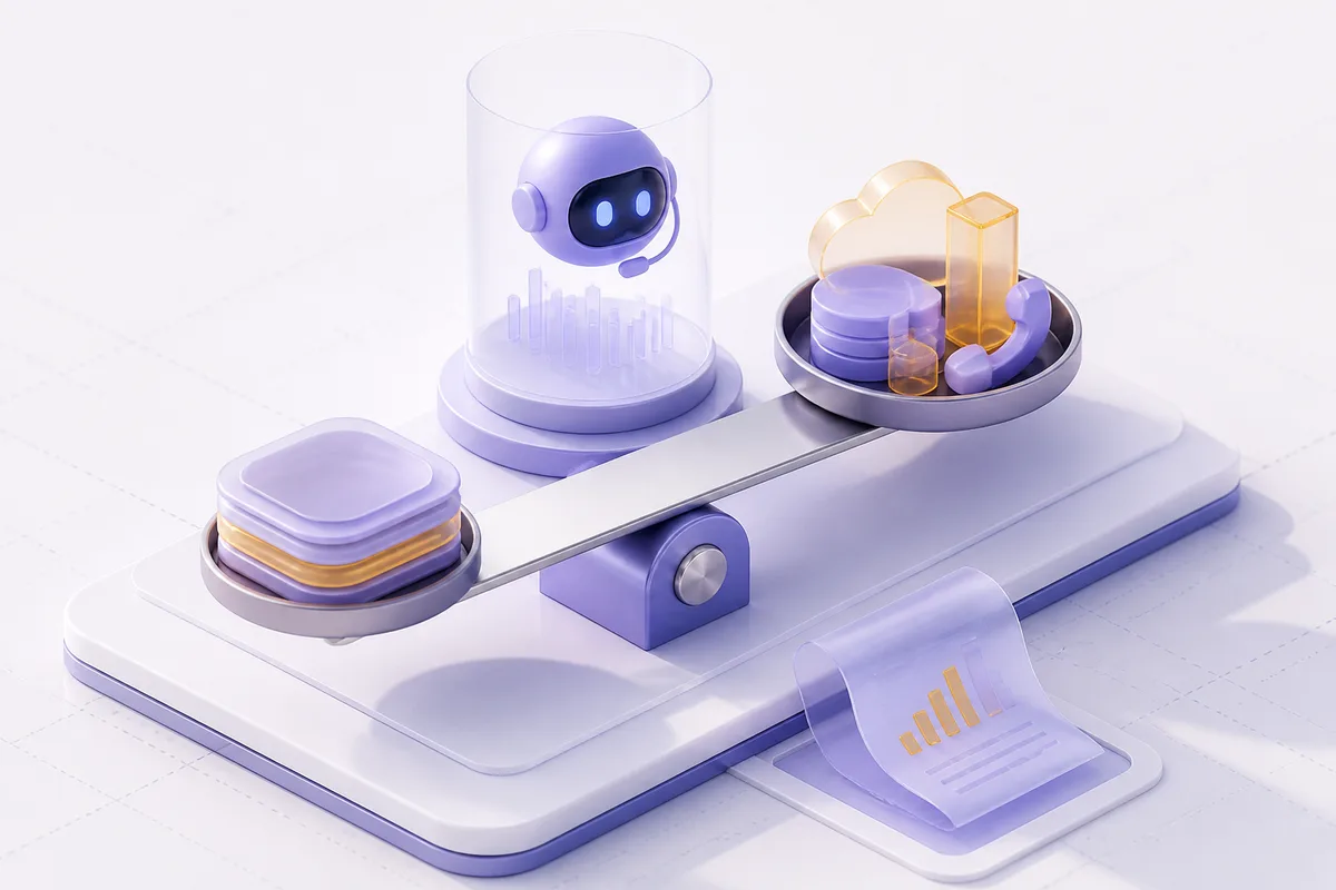 Isometric 3D editorial illustration for How Much Does a Voice Bot Cost?