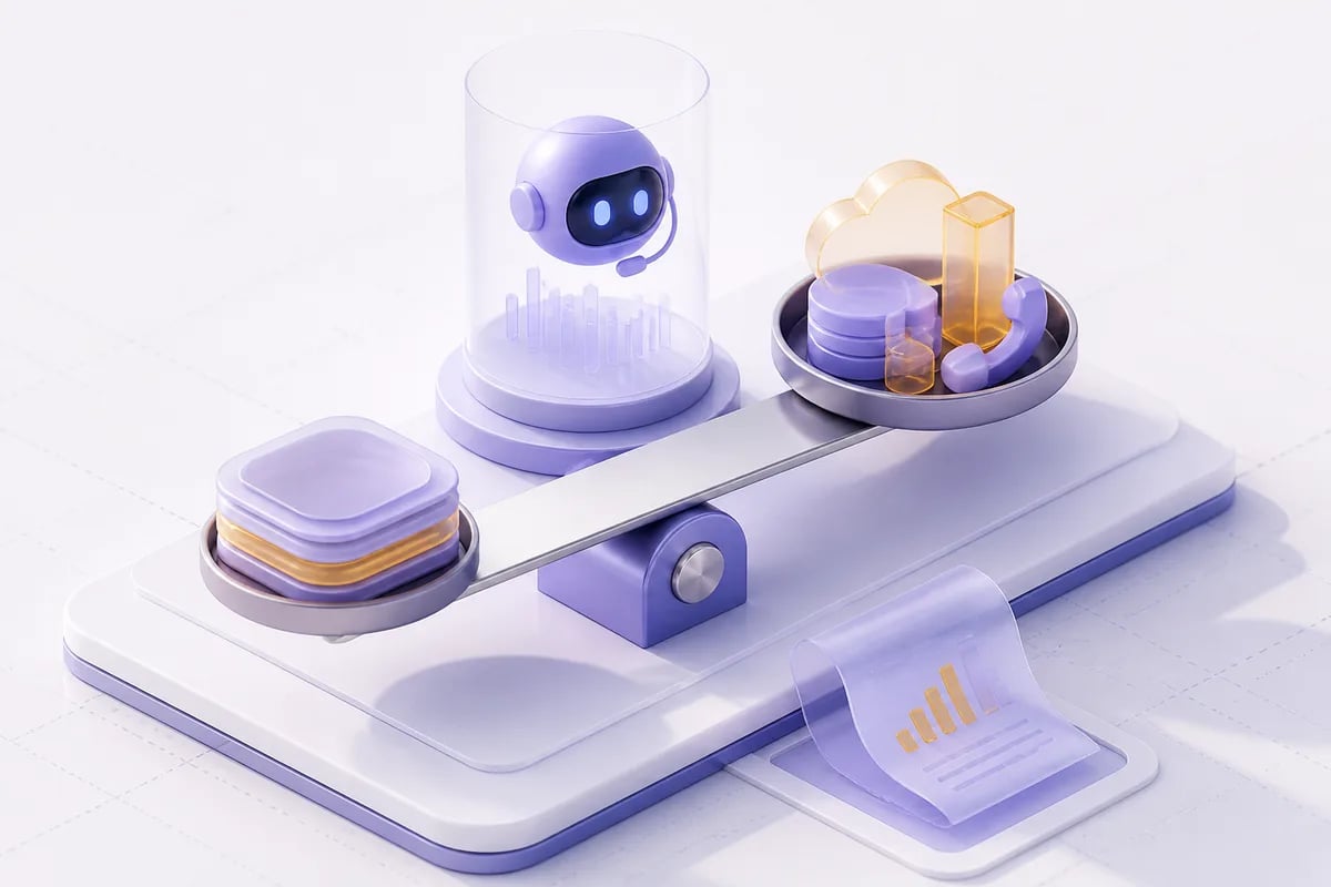 Isometric 3D editorial illustration for How Much Does a Voice Bot Cost?