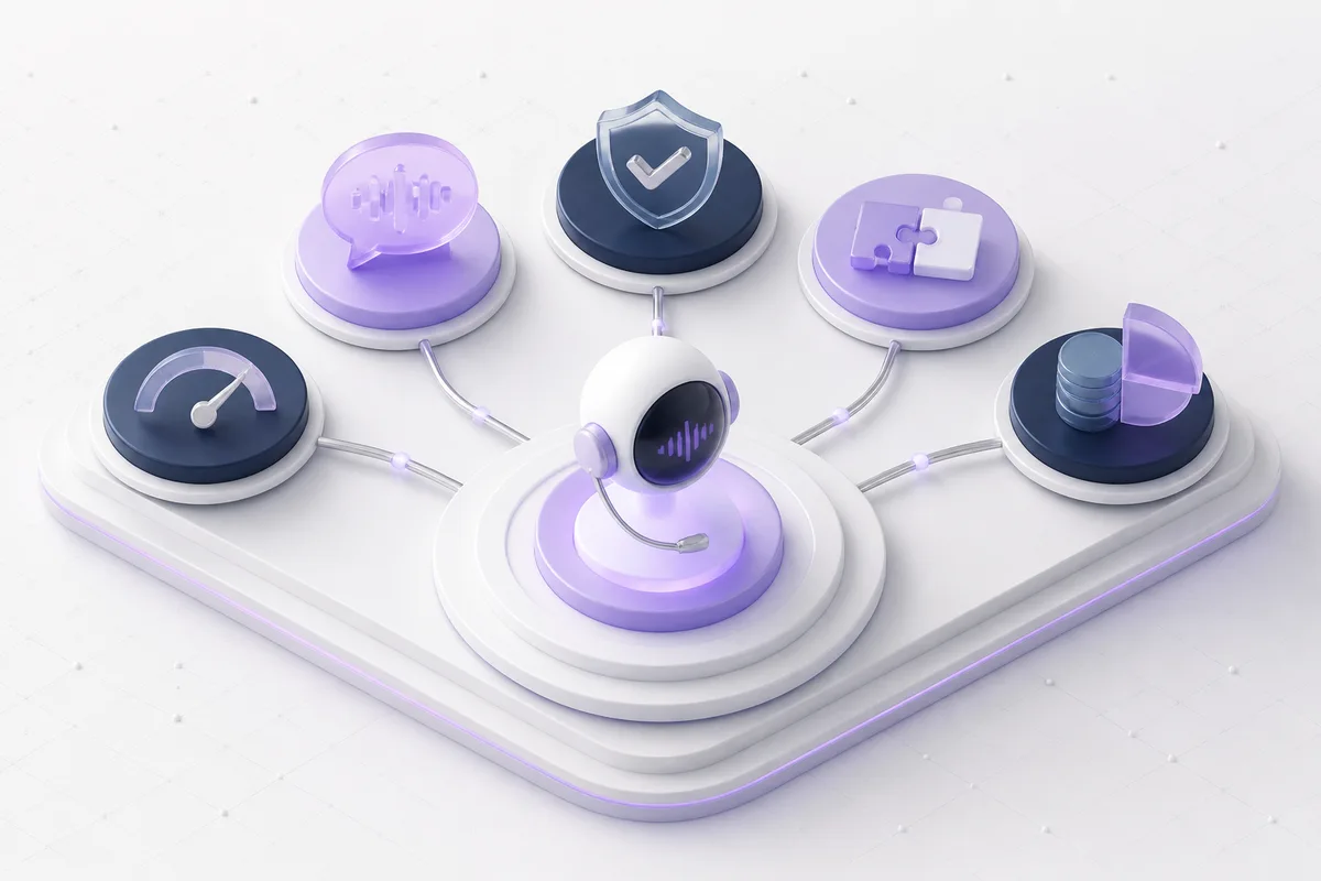 Isometric 3D editorial illustration for How to Choose a Voice AI Platform: A Buyer's Guide