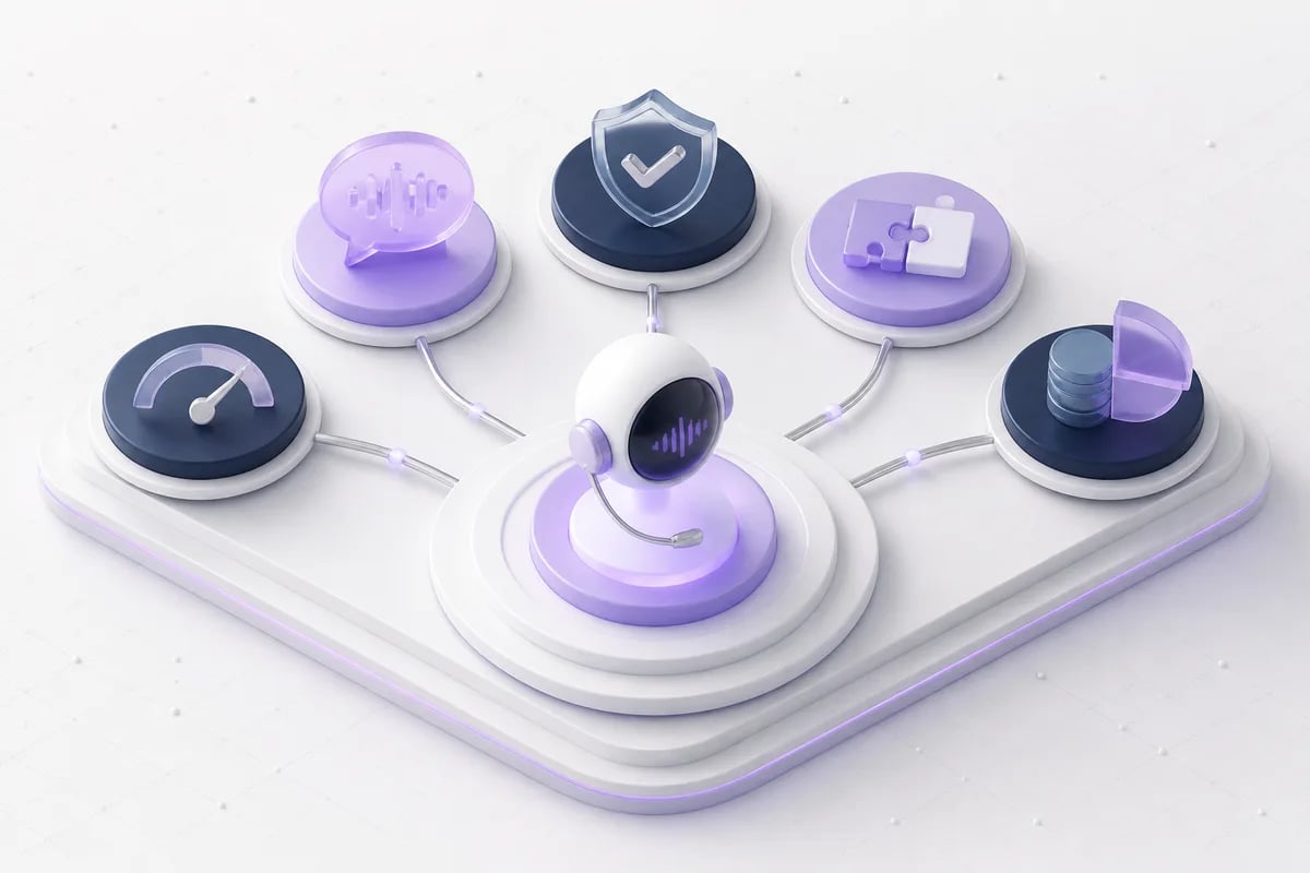Isometric 3D editorial illustration for How to Choose a Voice AI Platform: A Buyer's Guide