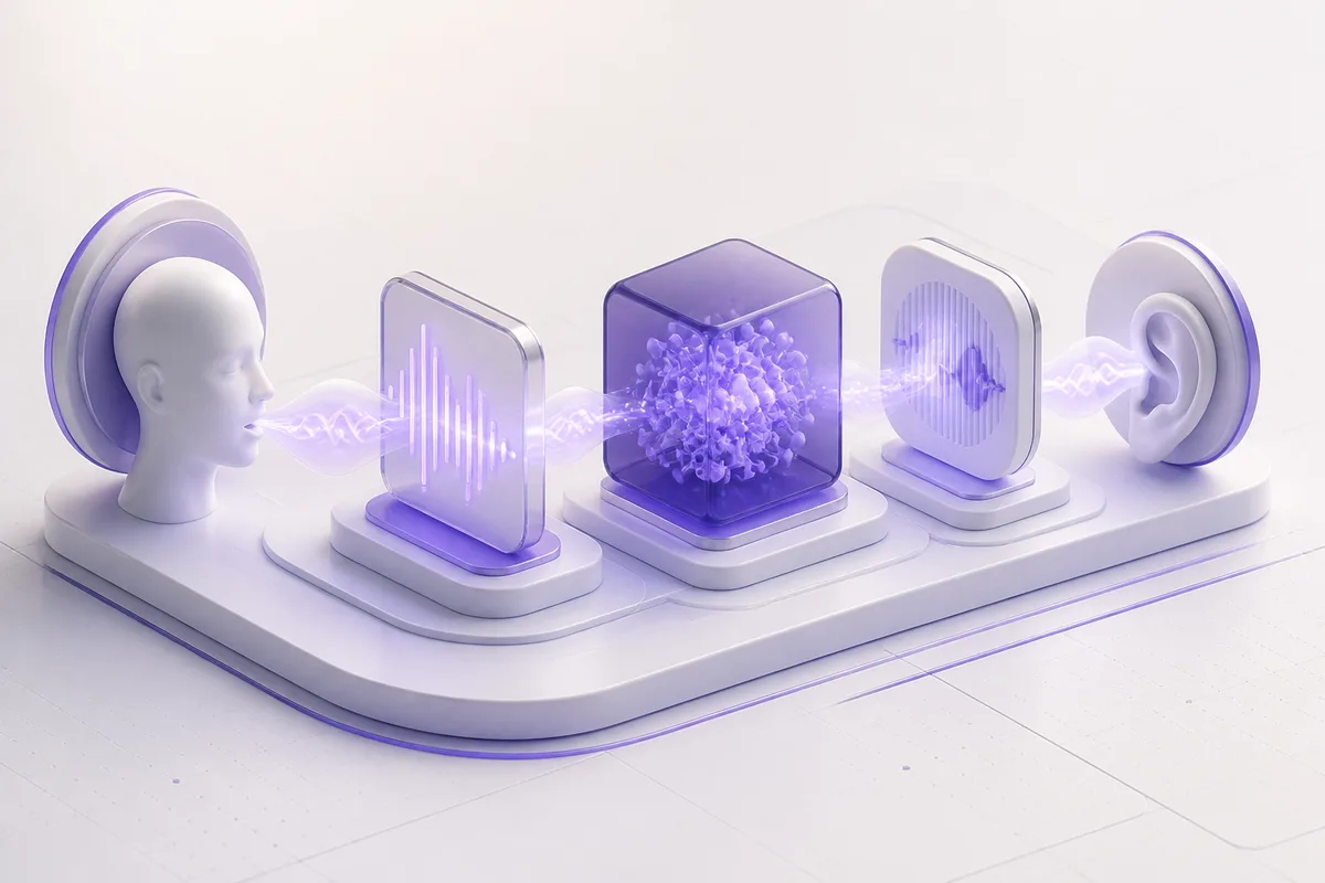 Isometric 3D editorial illustration for How Real-Time Voice AI Actually Works: STT → LLM → TTS, Explained