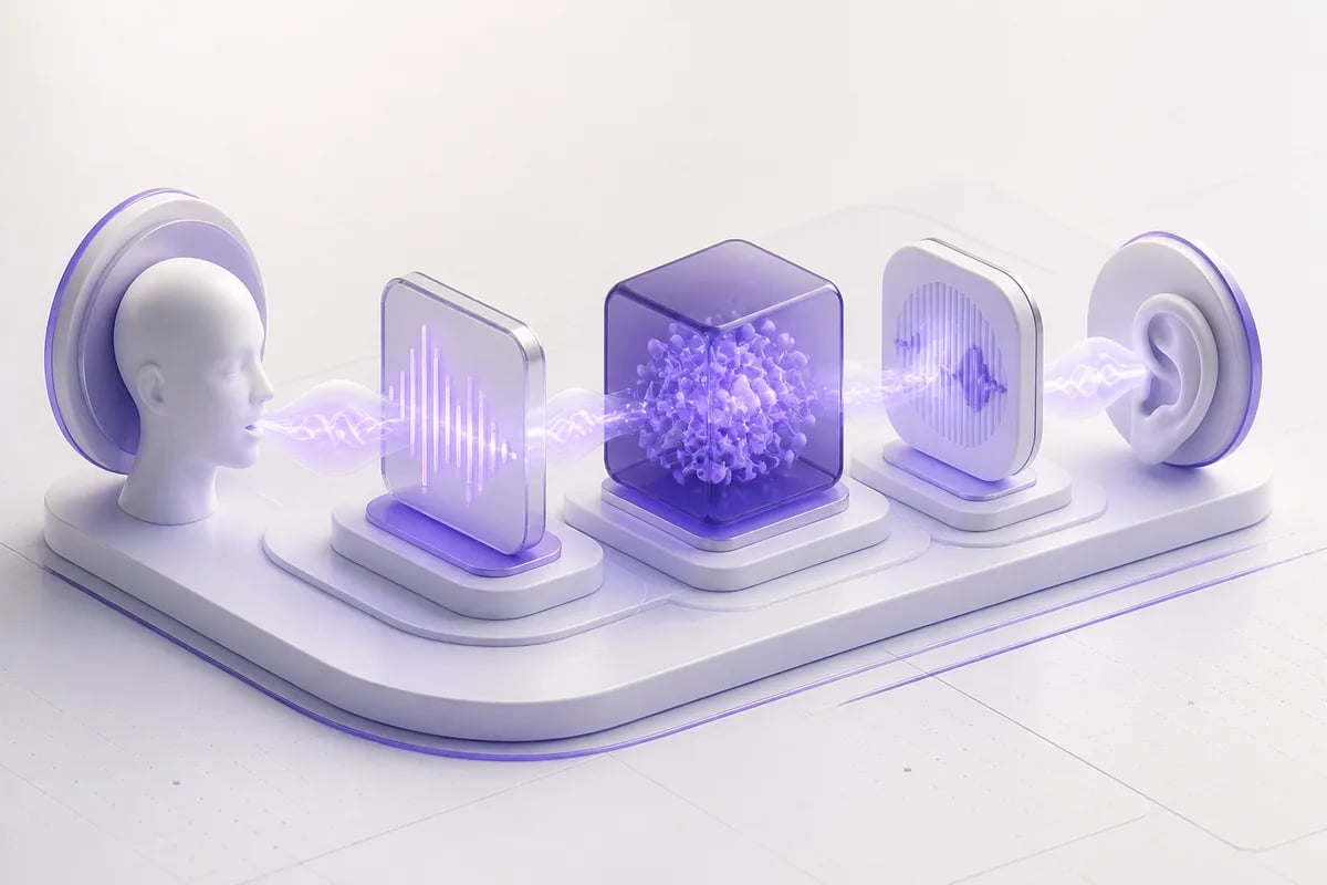 Isometric 3D editorial illustration for How Real-Time Voice AI Actually Works: STT → LLM → TTS, Explained