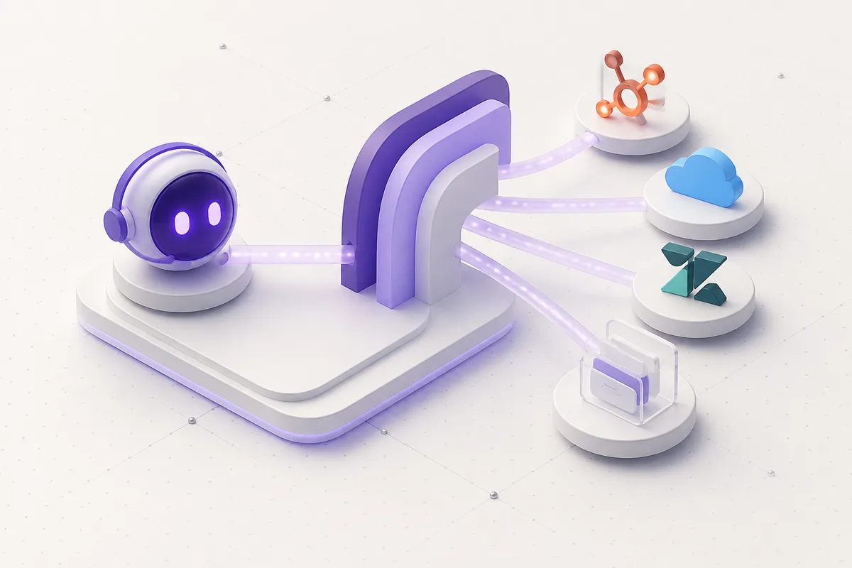 Isometric 3D editorial illustration for Build with us: Connect Persistence AI Voice Agents to Your CRM