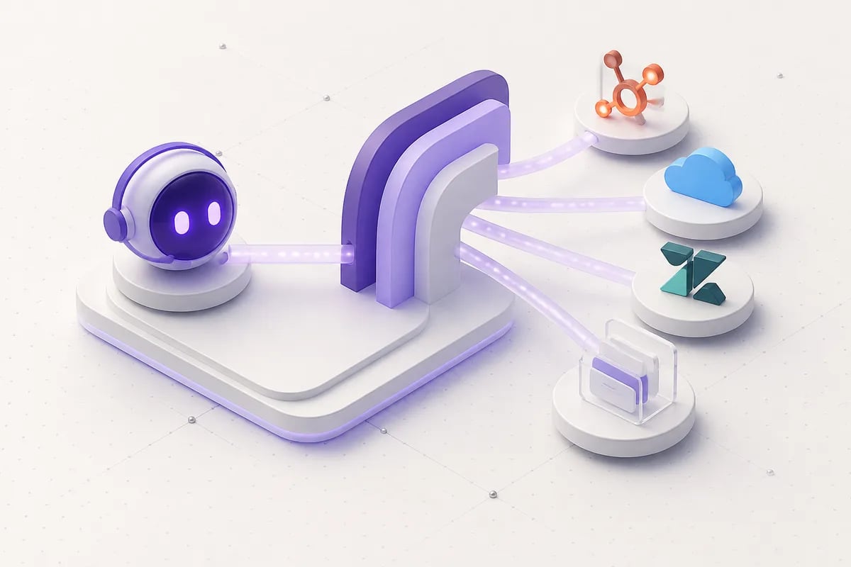 Isometric 3D editorial illustration for Build with us: Connect Persistence AI Voice Agents to Your CRM