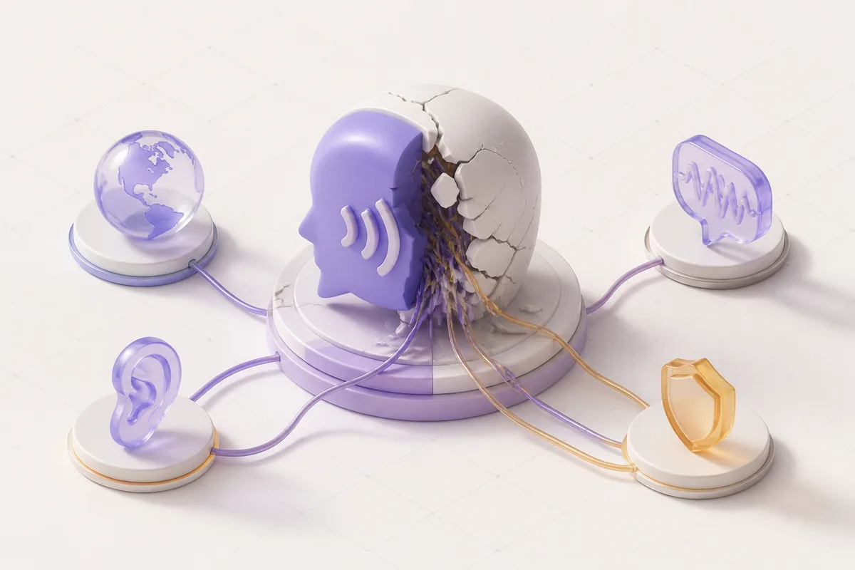Isometric 3D editorial illustration for Multilingual Voice Agents: What Actually Breaks