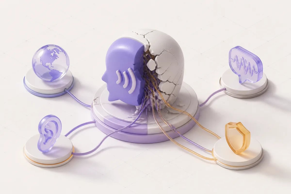 Isometric 3D editorial illustration for Multilingual Voice Agents: What Actually Breaks