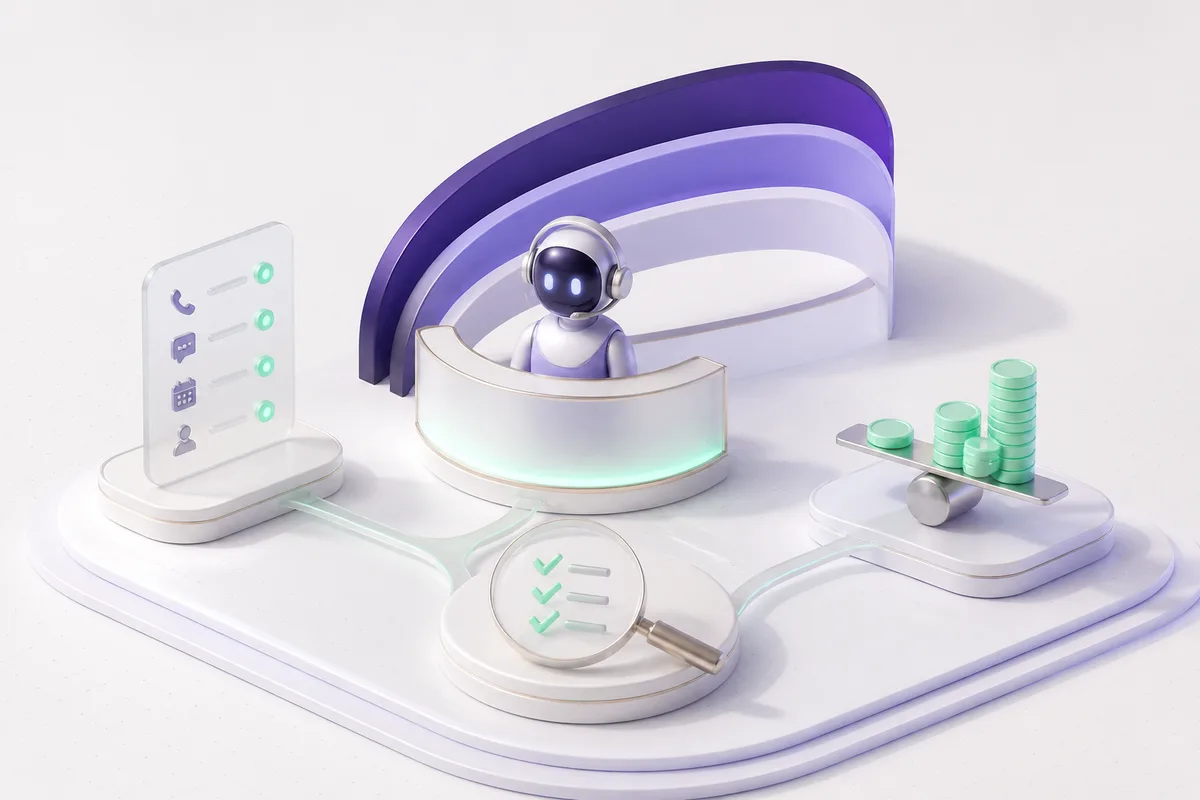 Isometric 3D editorial illustration for Nextiva AI Receptionist: What XBert Does and What It Costs