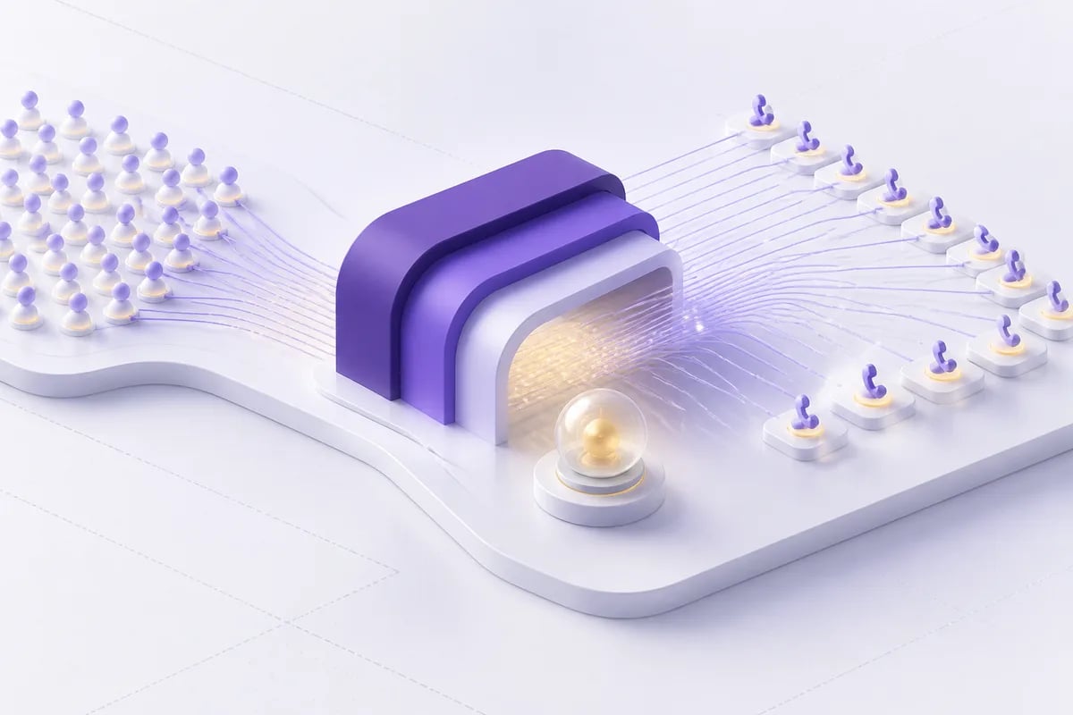 Isometric 3D editorial illustration for Outbound at Scale: How Persistence Powers 100,000+ Simultaneous Calls