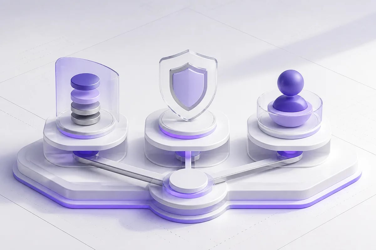 Isometric 3D editorial illustration for Retell vs. PolyAI vs. Persistence: An Honest Comparison