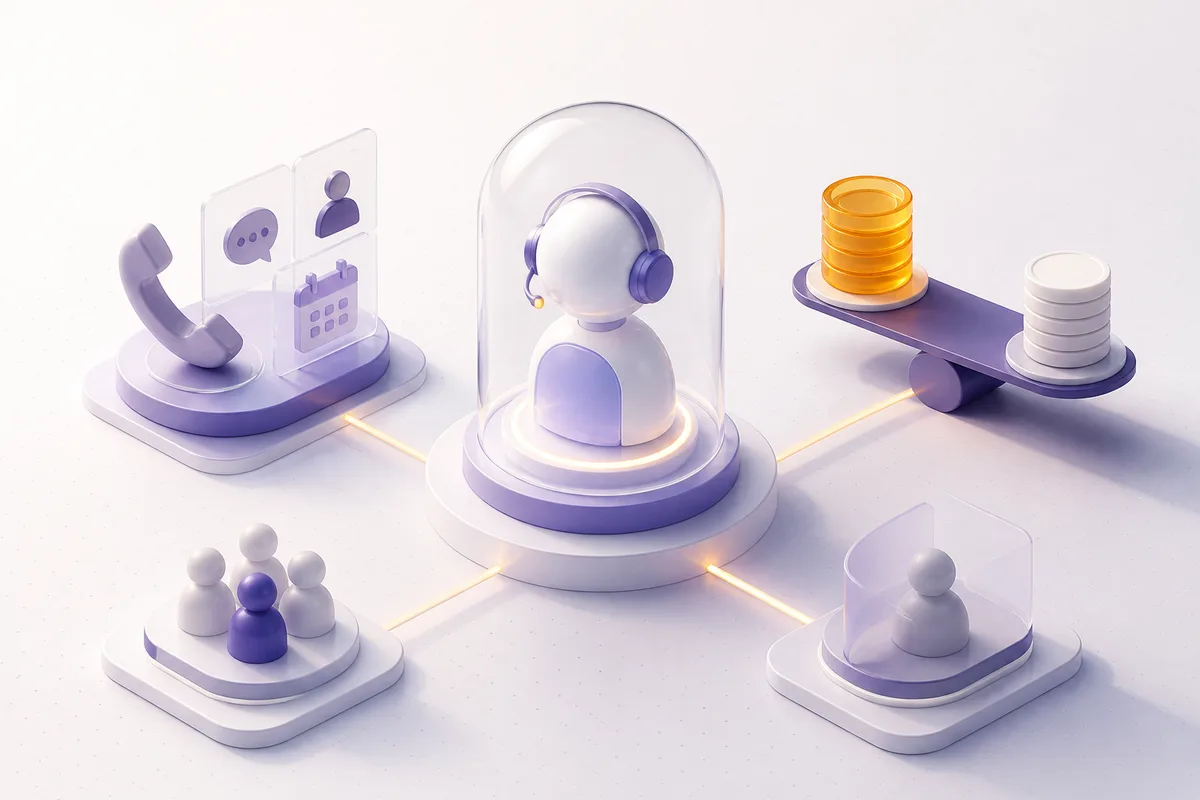 Isometric 3D editorial illustration for RingCentral AI Receptionist: Cost, Features, and How It Works
