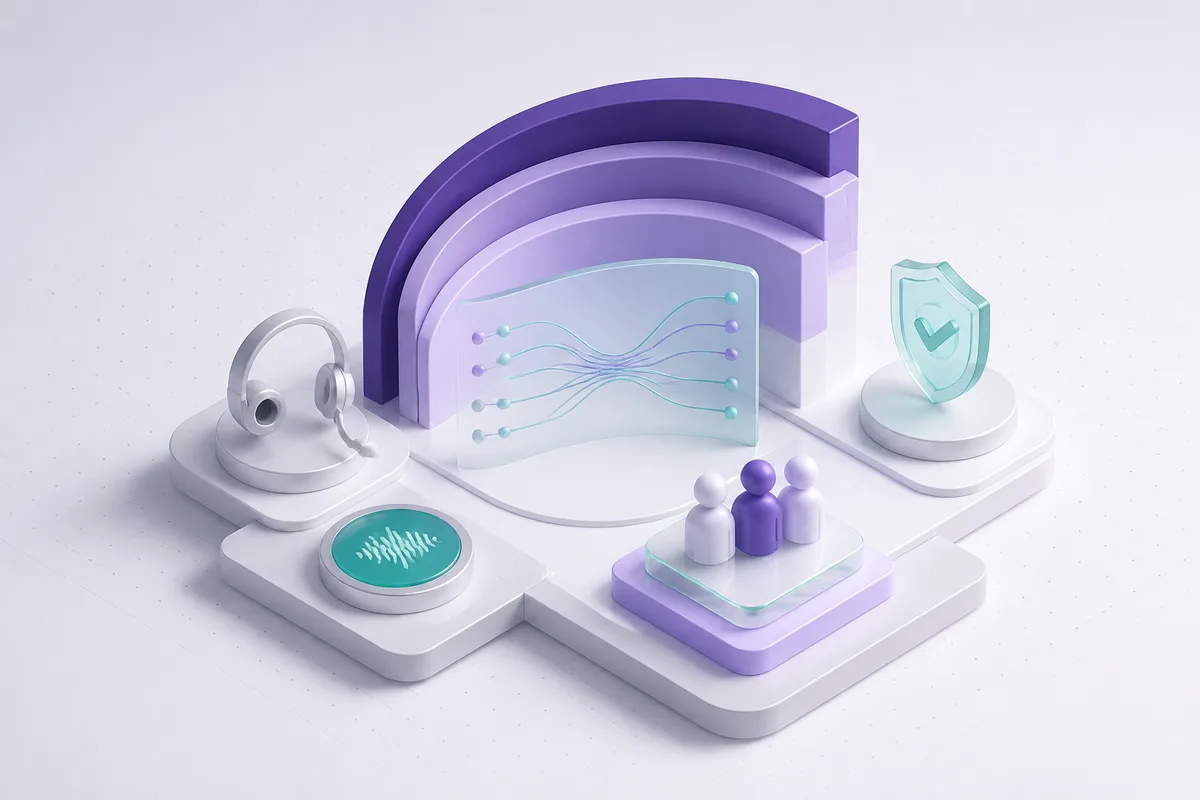 Isometric 3D editorial illustration for Synthflow AI Review
