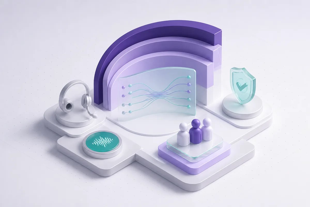 Isometric 3D editorial illustration for Synthflow AI Review