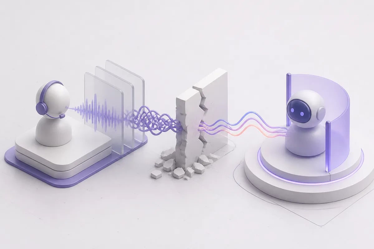 Isometric 3D editorial illustration for The Turn-Taking Problem: Why Most Voice AI Fails on Real Calls