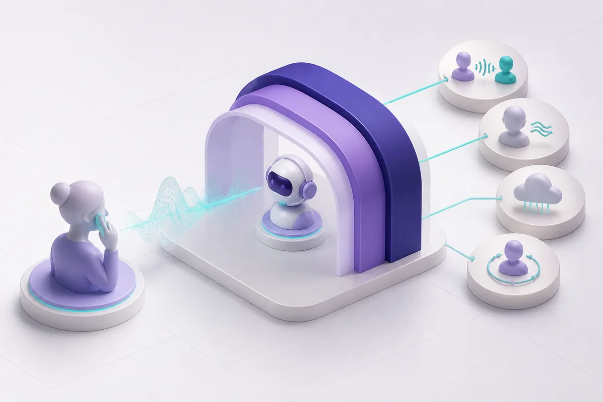 Isometric 3D editorial illustration for How to Test a Voice Agent Before It Takes Real Calls