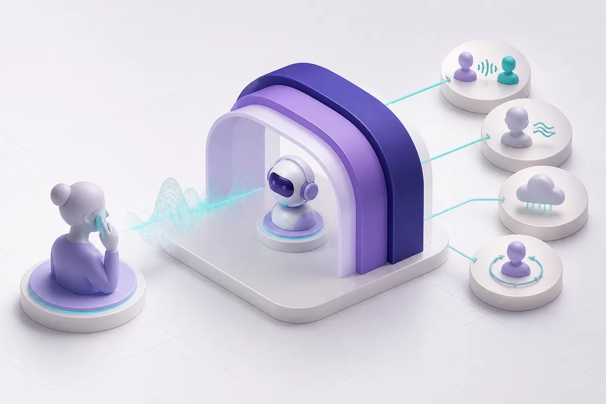 Isometric 3D editorial illustration for How to Test a Voice Agent Before It Takes Real Calls