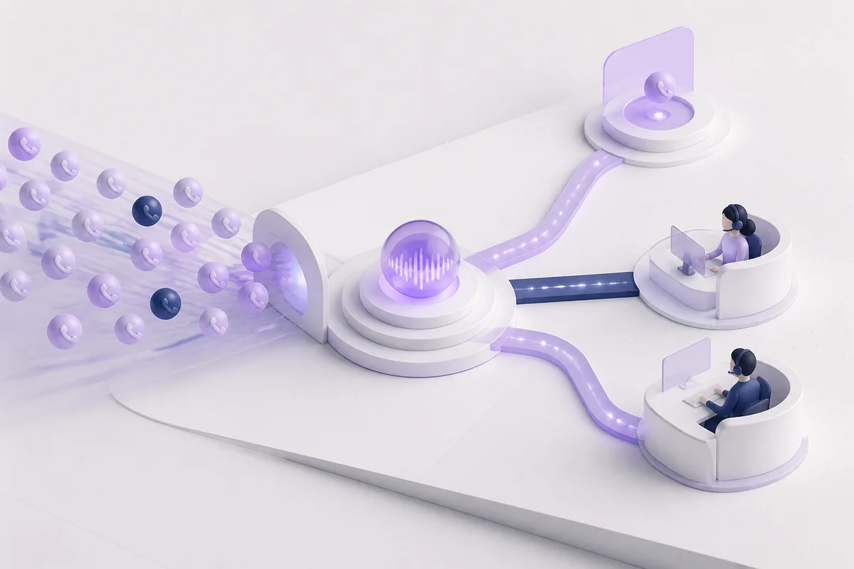 Isometric 3D editorial illustration for Voice AI for Call Centers: A Practical Guide