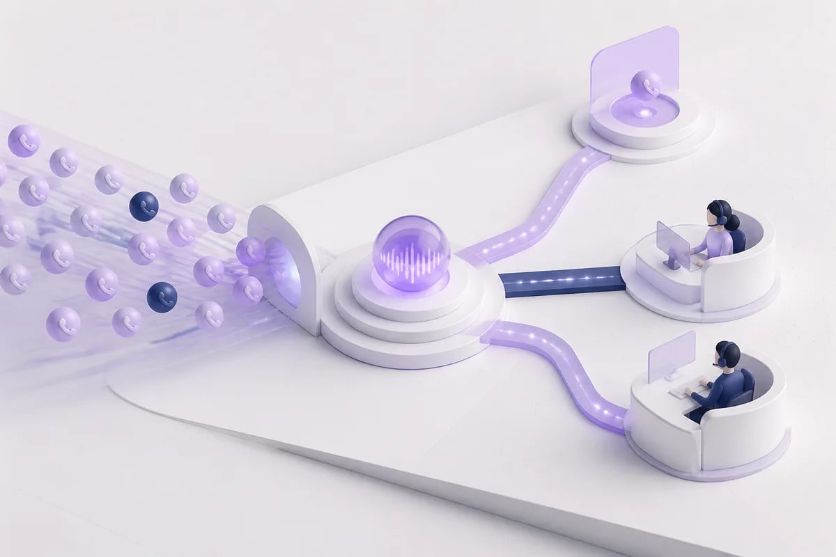 Isometric 3D editorial illustration for Voice AI for Call Centers: A Practical Guide
