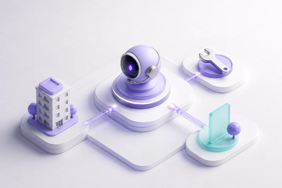 Isometric 3D editorial illustration for Voice AI for property management: fewer missed calls, faster answers
