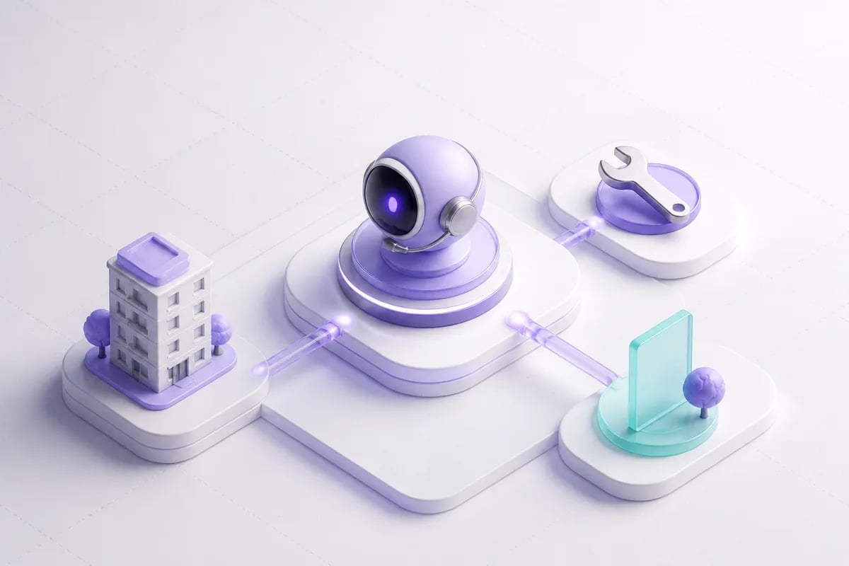 Isometric 3D editorial illustration for Voice AI for property management: fewer missed calls, faster answers