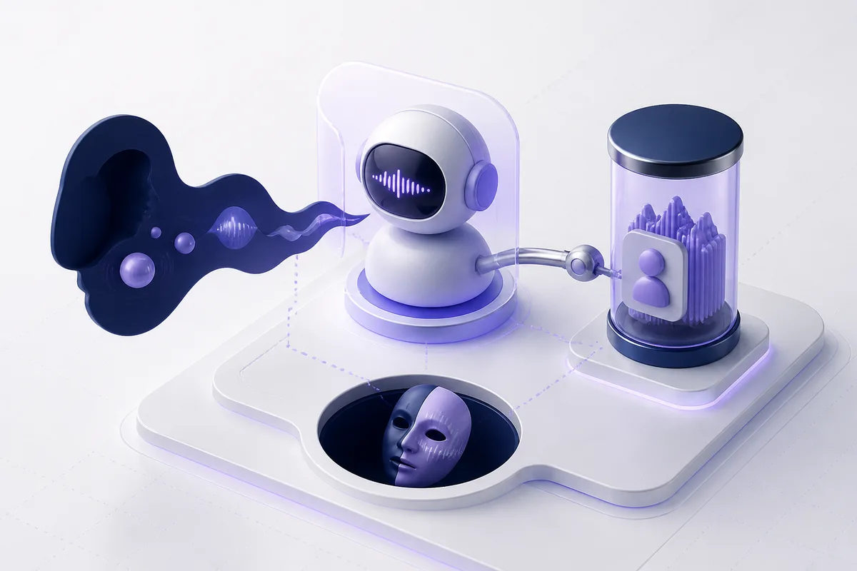 Isometric 3D editorial illustration for Voice AI Security: Fraud, PII, and Prompt Injection on Live Calls