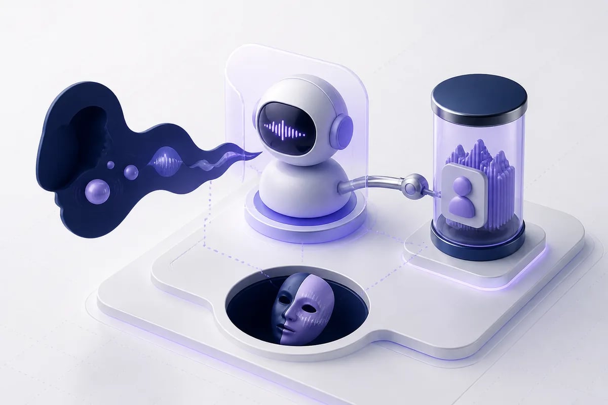 Isometric 3D editorial illustration for Voice AI Security: Fraud, PII, and Prompt Injection on Live Calls