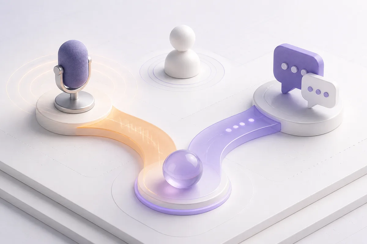 Isometric 3D editorial illustration for Voice Bots vs. Chatbots: Choosing the Right Channel for Automated Conversations