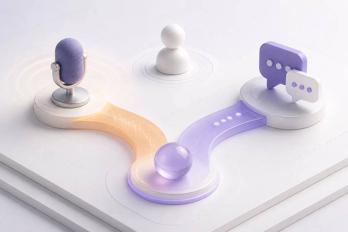 Isometric 3D editorial illustration for Voice Bots vs. Chatbots: Choosing the Right Channel for Automated Conversations