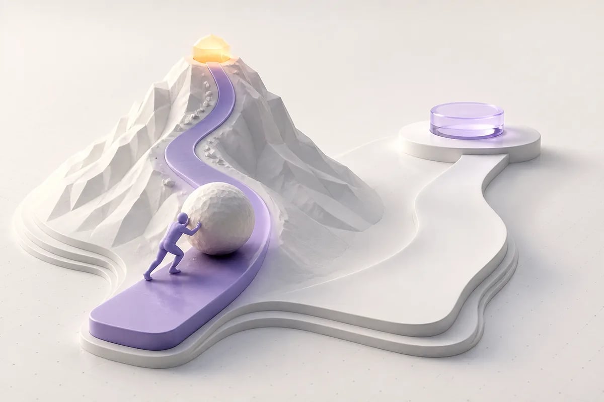 Isometric 3D editorial illustration for What Does Perseverance Mean? (And How It's Different From Persistence)