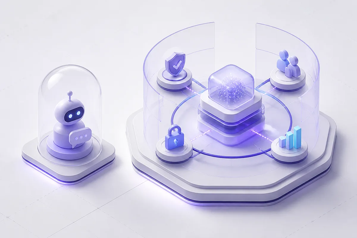 Isometric 3D editorial illustration for What Is a Conversational AI Platform? (And What Makes One "Enterprise-Ready")