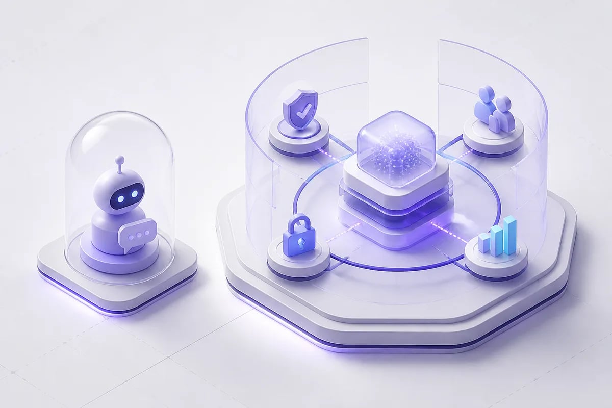 Isometric 3D editorial illustration for What Is a Conversational AI Platform? (And What Makes One "Enterprise-Ready")