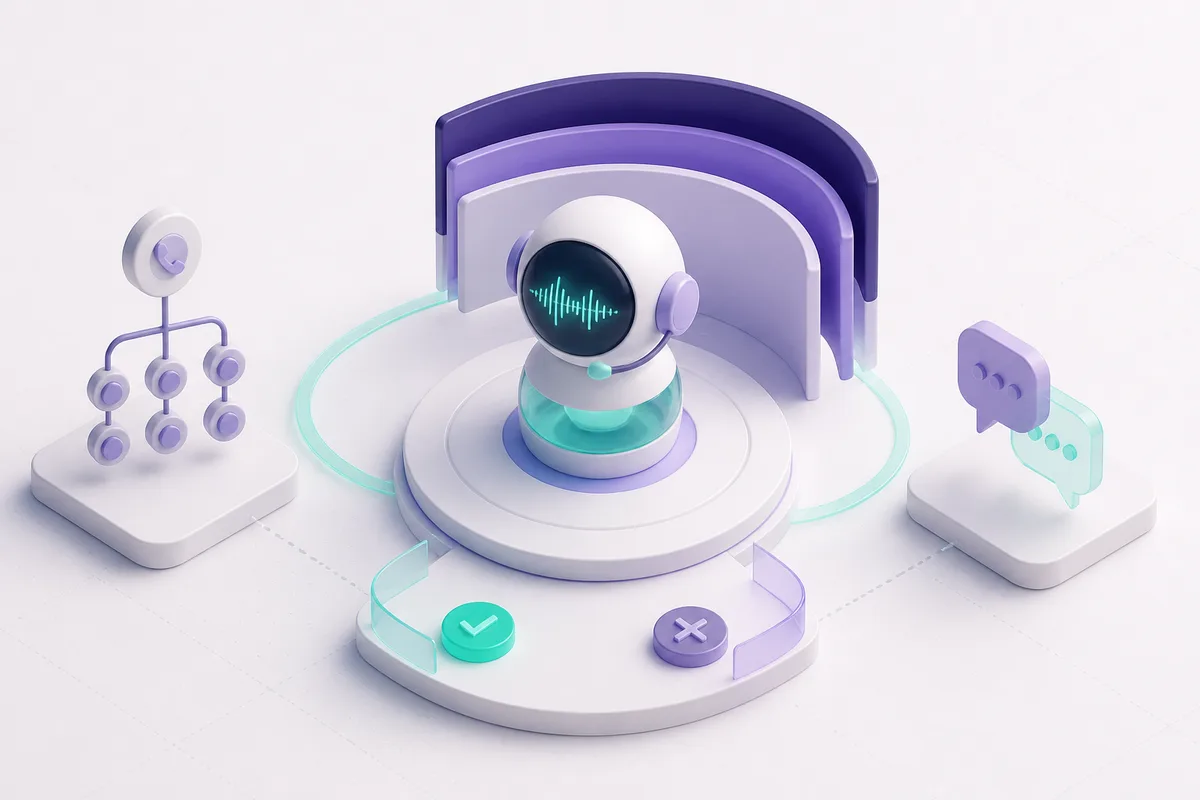Isometric 3D editorial illustration for What Is a Voice Bot?