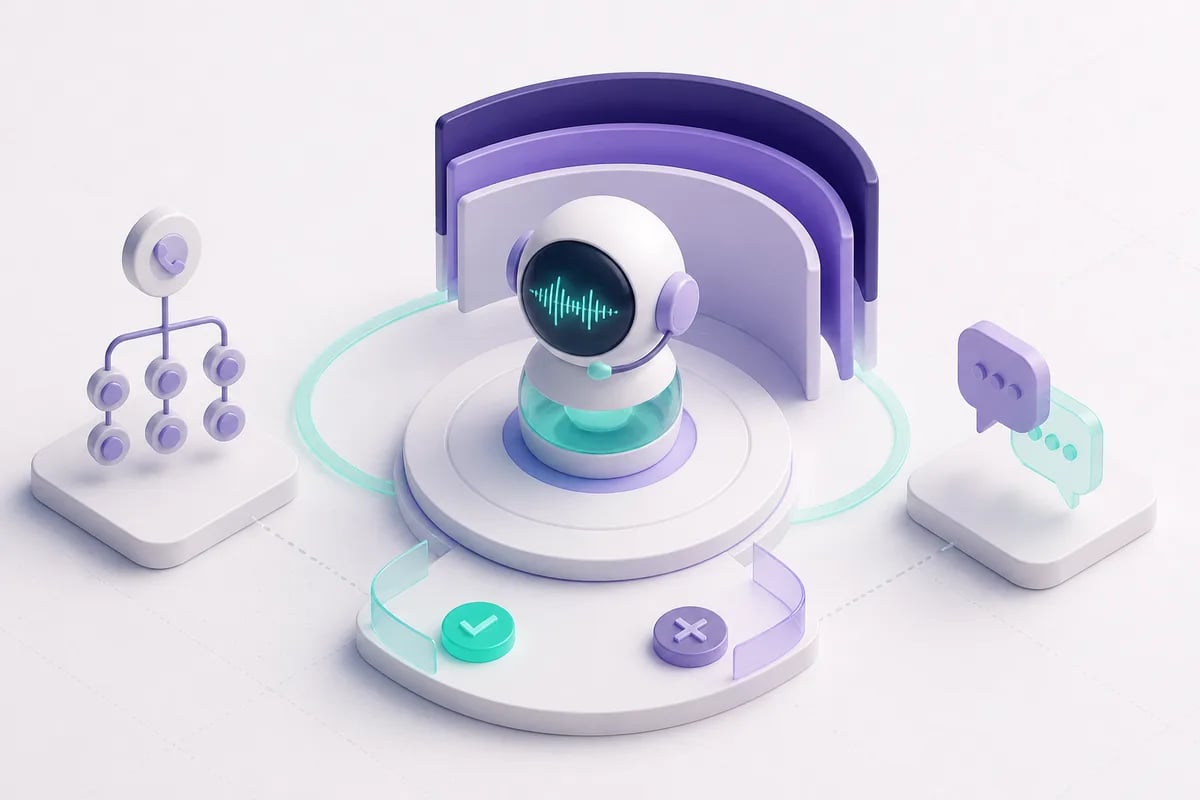 Isometric 3D editorial illustration for What Is a Voice Bot?