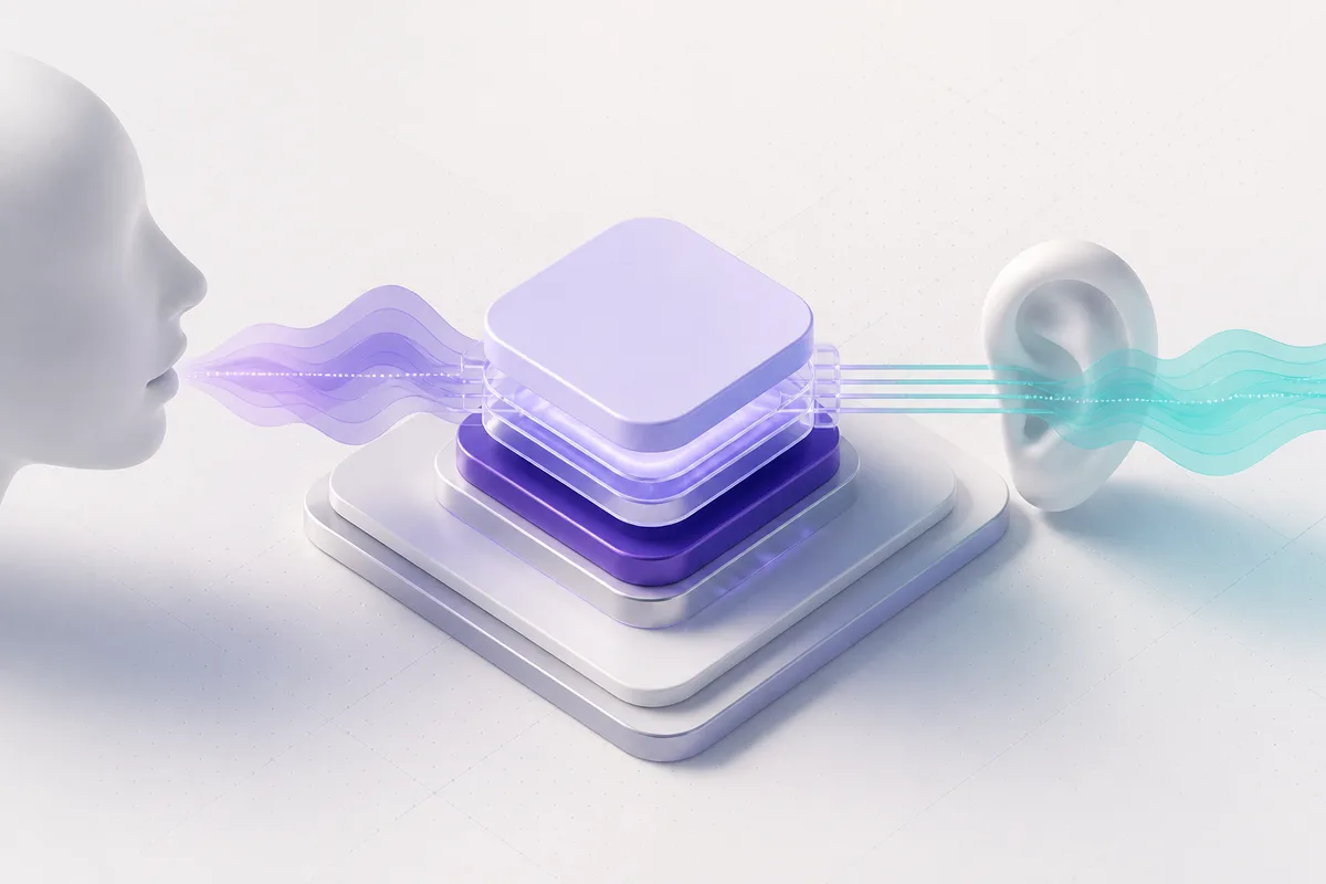 Isometric 3D editorial illustration for Sub-100ms Responses: Inside Persistence's Voice Architecture