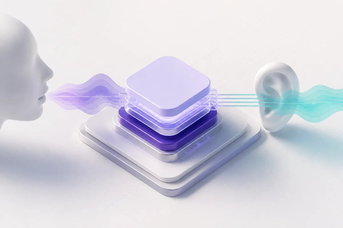 Isometric 3D editorial illustration for Sub-100ms Responses: Inside Persistence's Voice Architecture