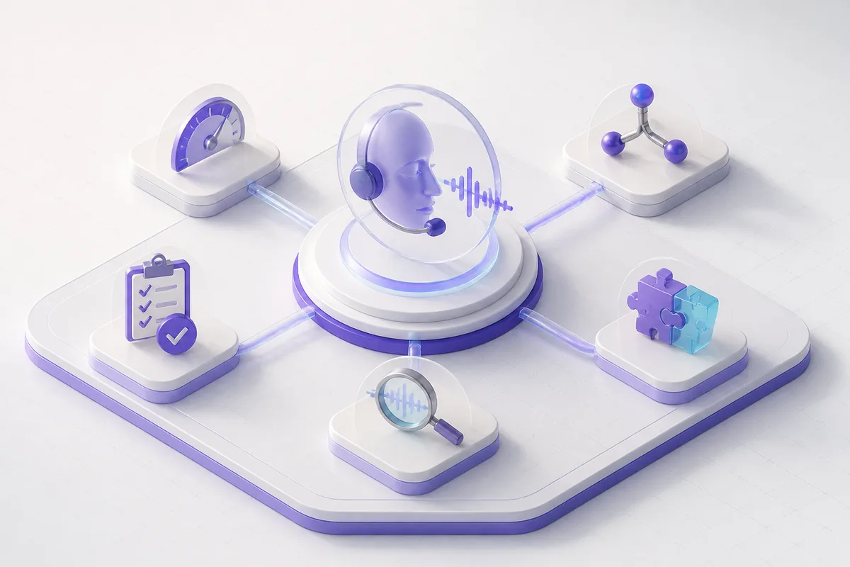 Isometric 3D editorial illustration for AI Voice Companies: How to Choose for Production Calls