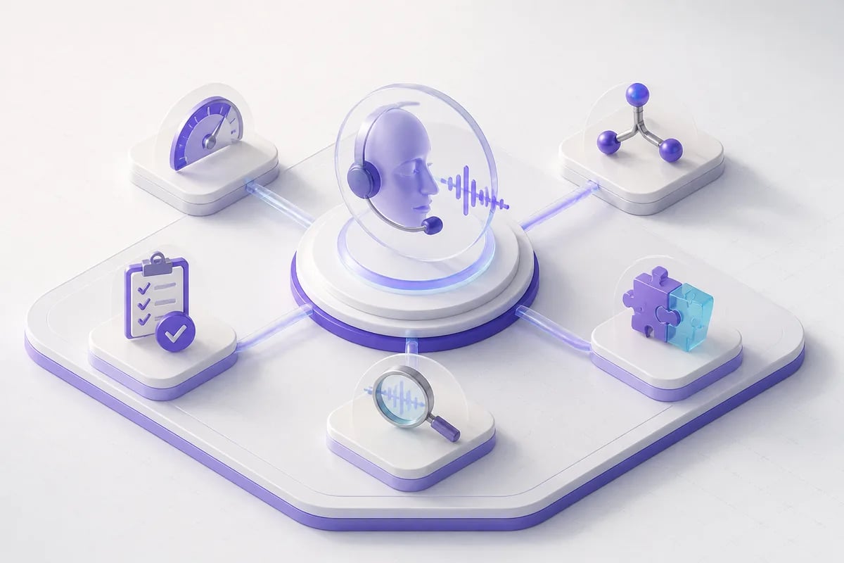 Isometric 3D editorial illustration for AI Voice Companies: How to Choose for Production Calls